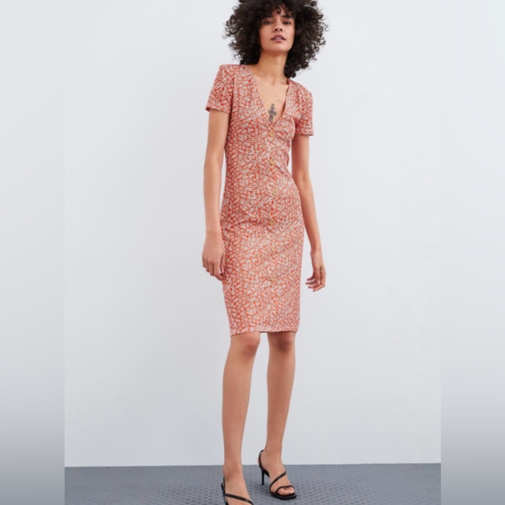 ZARA Red Orange‎ Daisy Floral Print V-Neck Button Front Bodycon Midi Dress Small